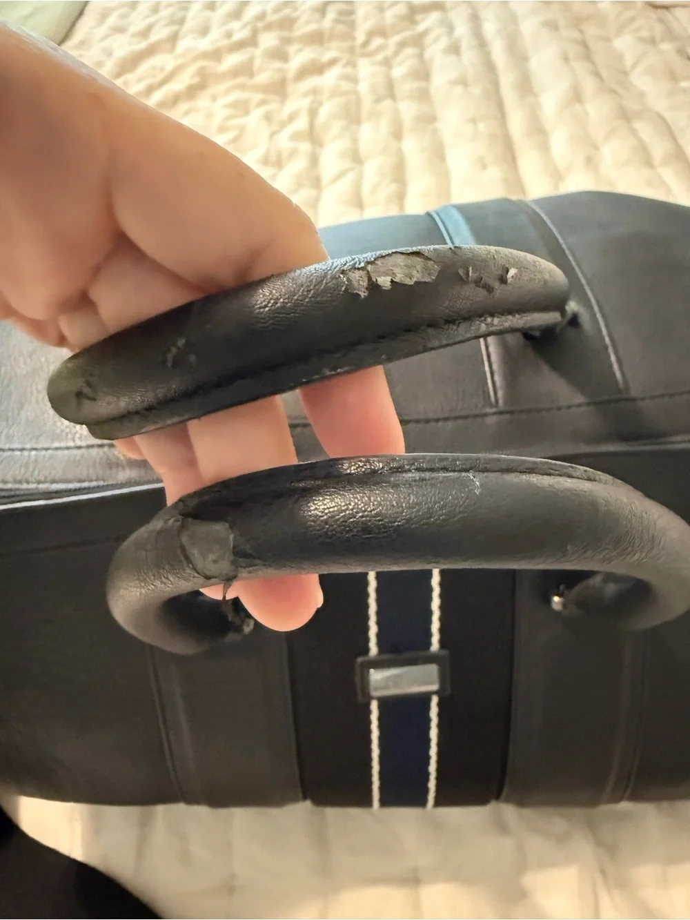 Ted Baker Black Leather Weekender Duffel Bag with Navy Stripe